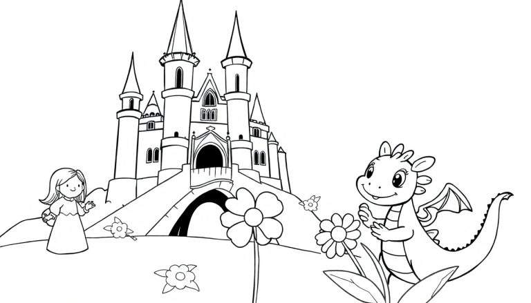Placa de color de un castillo de cuento de hadas con una princesa y un dragón.