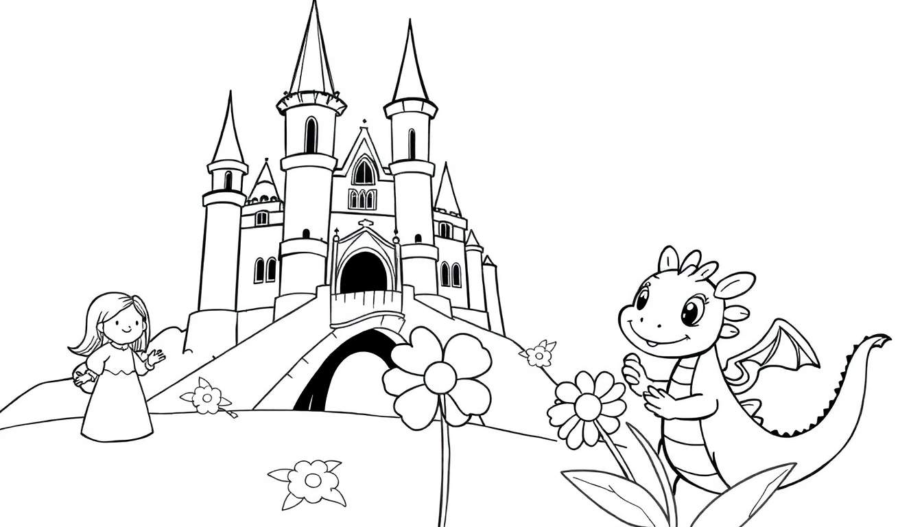 Placa de color de un castillo de cuento de hadas con una princesa y un dragón.