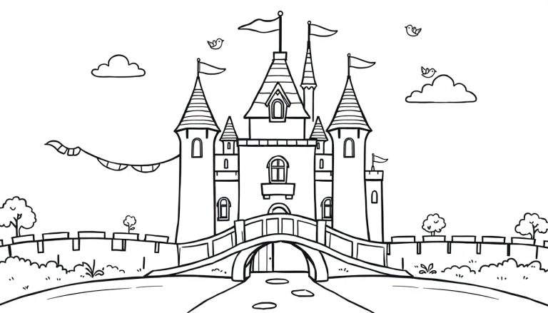 Placa de color de un castillo de cuento de hadas con un puente y banderas.