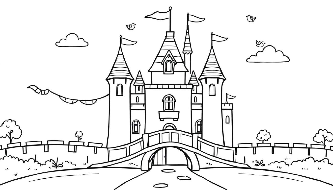 Placa de color de un castillo de cuento de hadas con un puente y banderas.