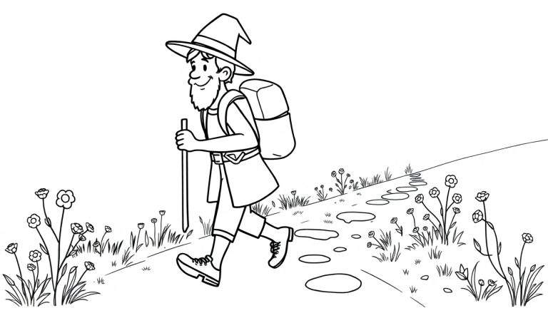 Un hombre barbudo con sombrero y mochila caminando por un sendero con flores, arte lineal para colorear.