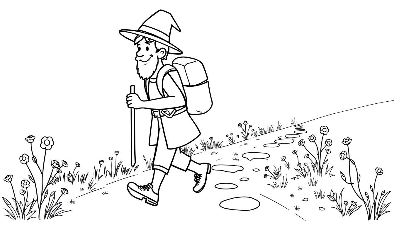 Un hombre barbudo con sombrero y mochila caminando por un sendero con flores, arte lineal para colorear.
