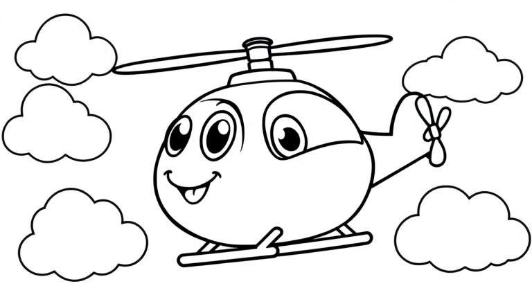 Placa de color de un helicóptero de dibujos animados volando feliz entre nubes.