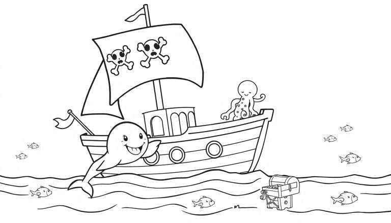 Una ballena amigable saluda a un barco pirata en una página para colorear de placa de color.