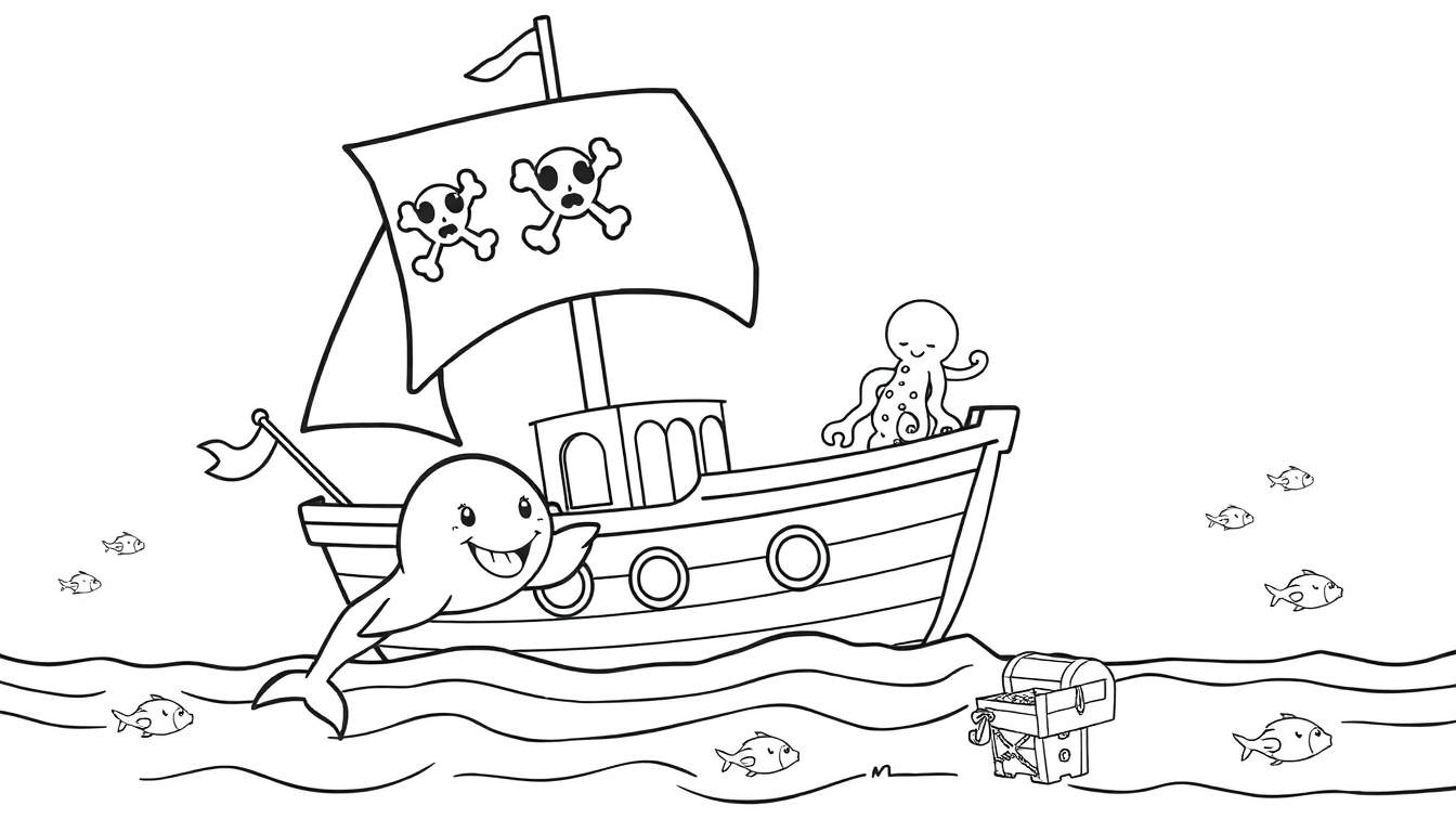 Una ballena amigable saluda a un barco pirata en una página para colorear de placa de color.