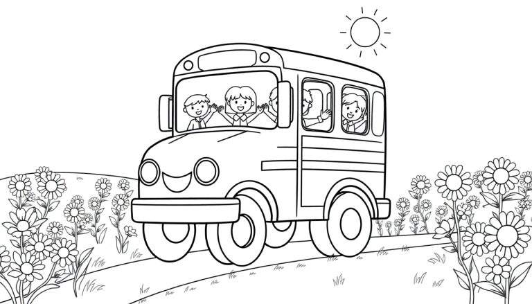 Autobús escolar de dibujos animados en un campo de flores, listo para colorear, con niños saludando.