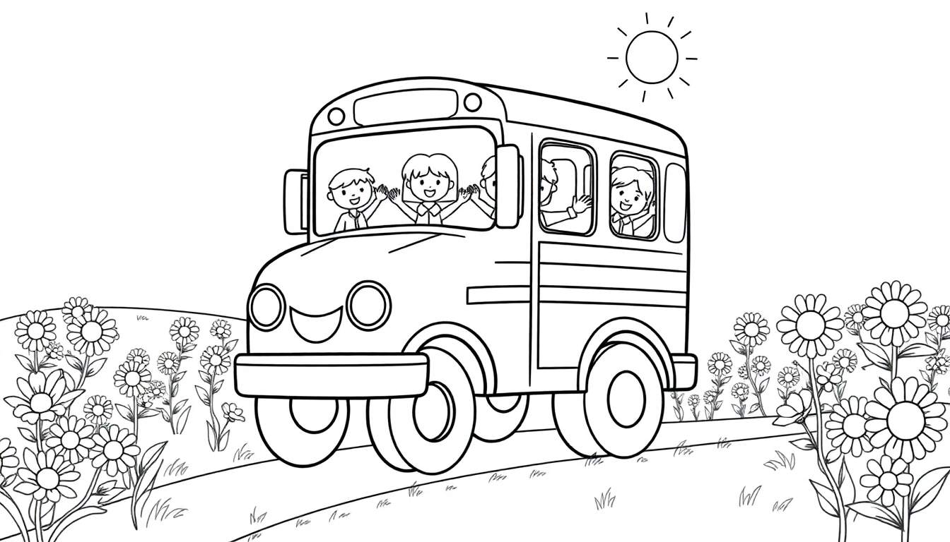 Autobús escolar de dibujos animados en un campo de flores, listo para colorear, con niños saludando.