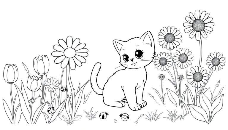 Placa de color de un gatito juguetón en un jardín de flores.