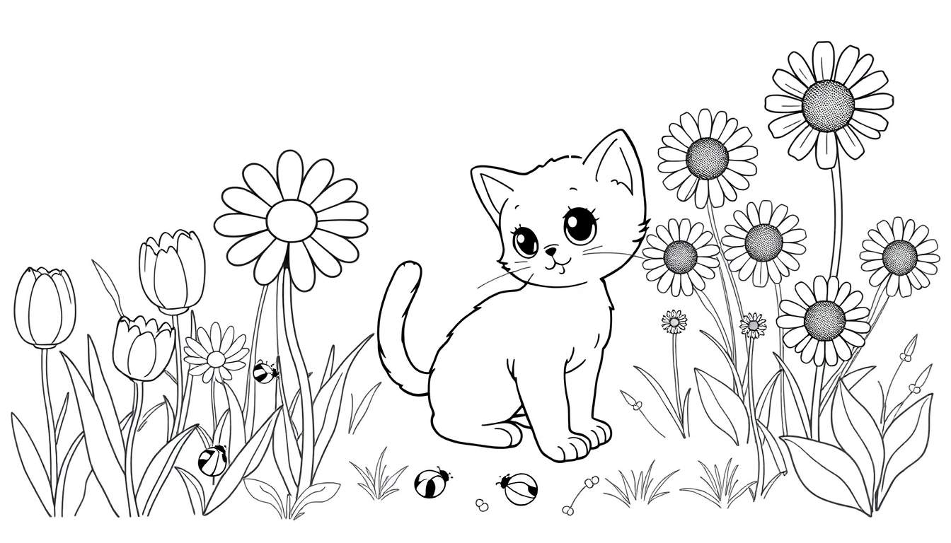 Placa de color de un gatito juguetón en un jardín de flores.