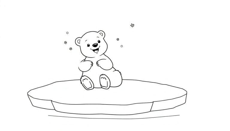 Oso polar feliz en un bloque de hielo, listo para colorear, placa de color.