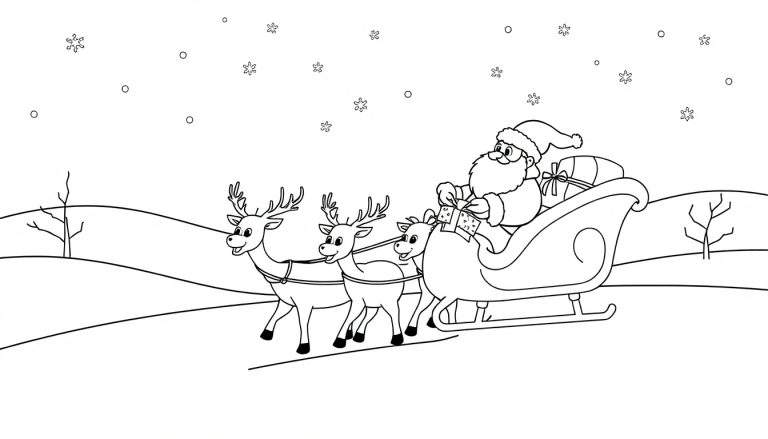Papá Noel en su trineo con renos, listo para repartir regalos en una escena invernal, para colorear. Placa de color.