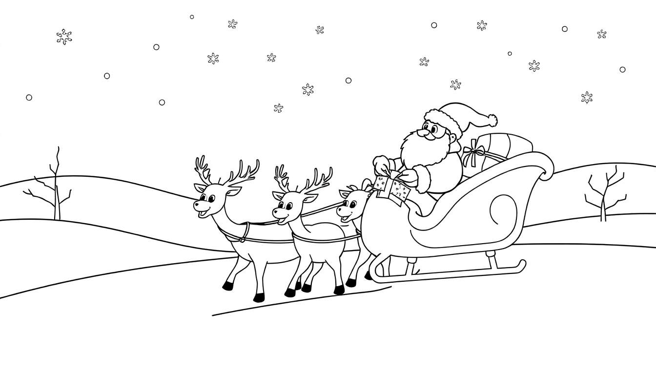 Papá Noel en su trineo con renos, listo para repartir regalos en una escena invernal, para colorear. Placa de color.