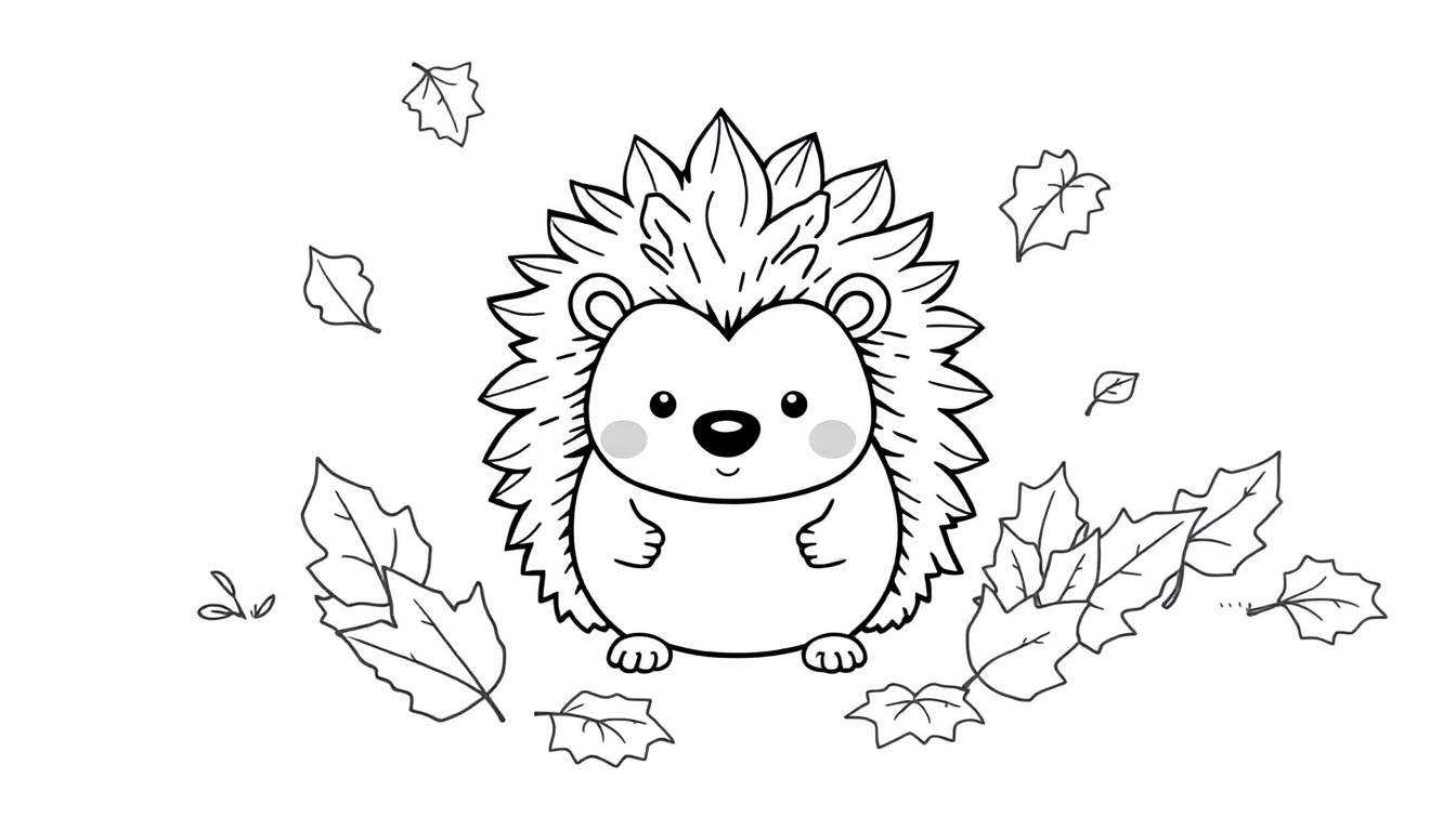 Erizo de dibujos animados con hojas de otoño, listo para colorear en blanco y negro, un diseño de placa de color.