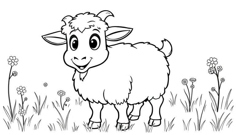Un dibujo de una cabra simpática en un prado soleado, lista para colorear en la placa de color.