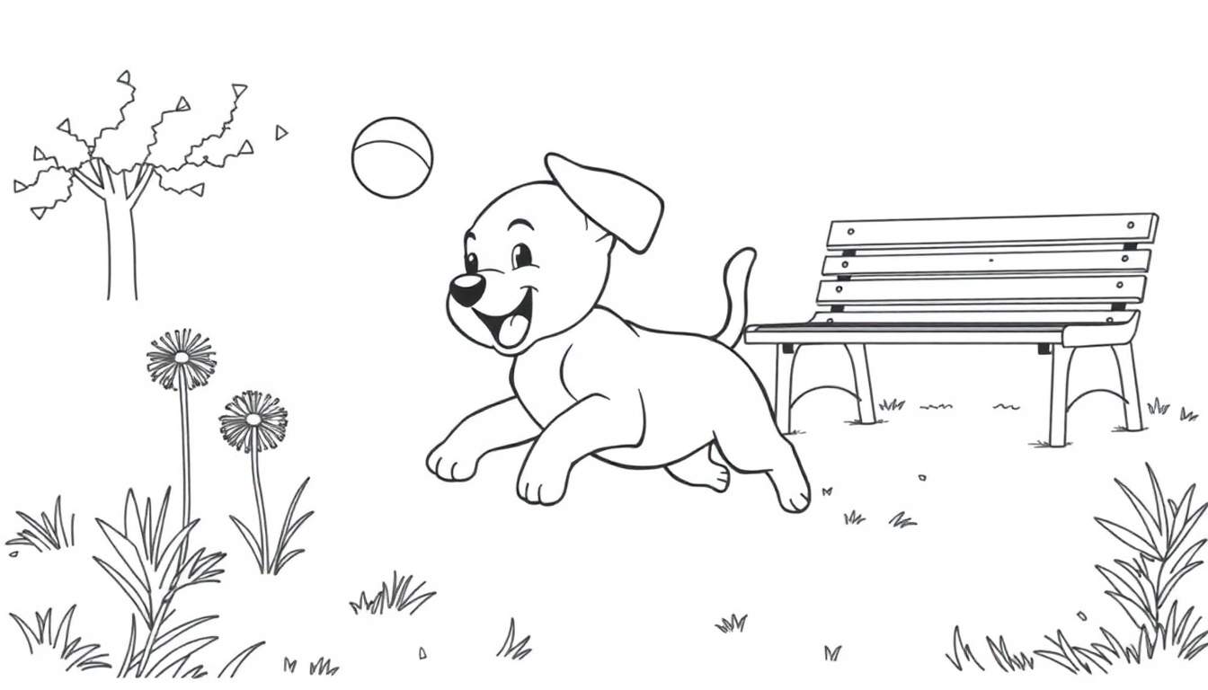 Perrito corriendo feliz en el parque, listo para colorear en la placa de color.