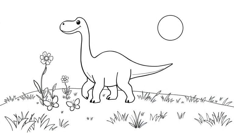 Placa de color de un dinosaurio amigable paseando bajo el sol.