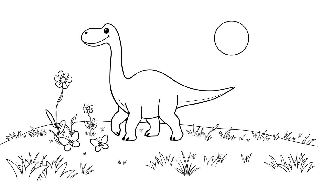 Placa de color de un dinosaurio amigable paseando bajo el sol.