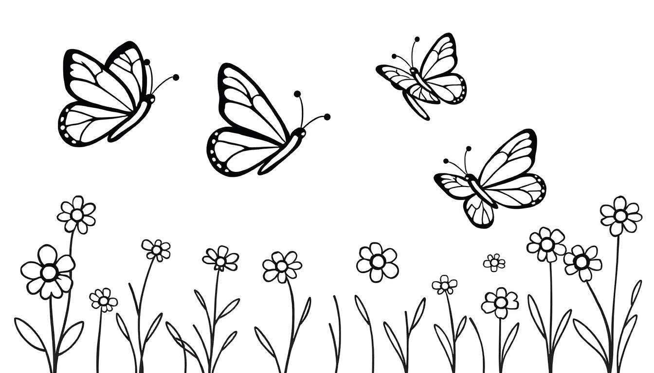 Placa de color con un campo de flores y mariposas para colorear.