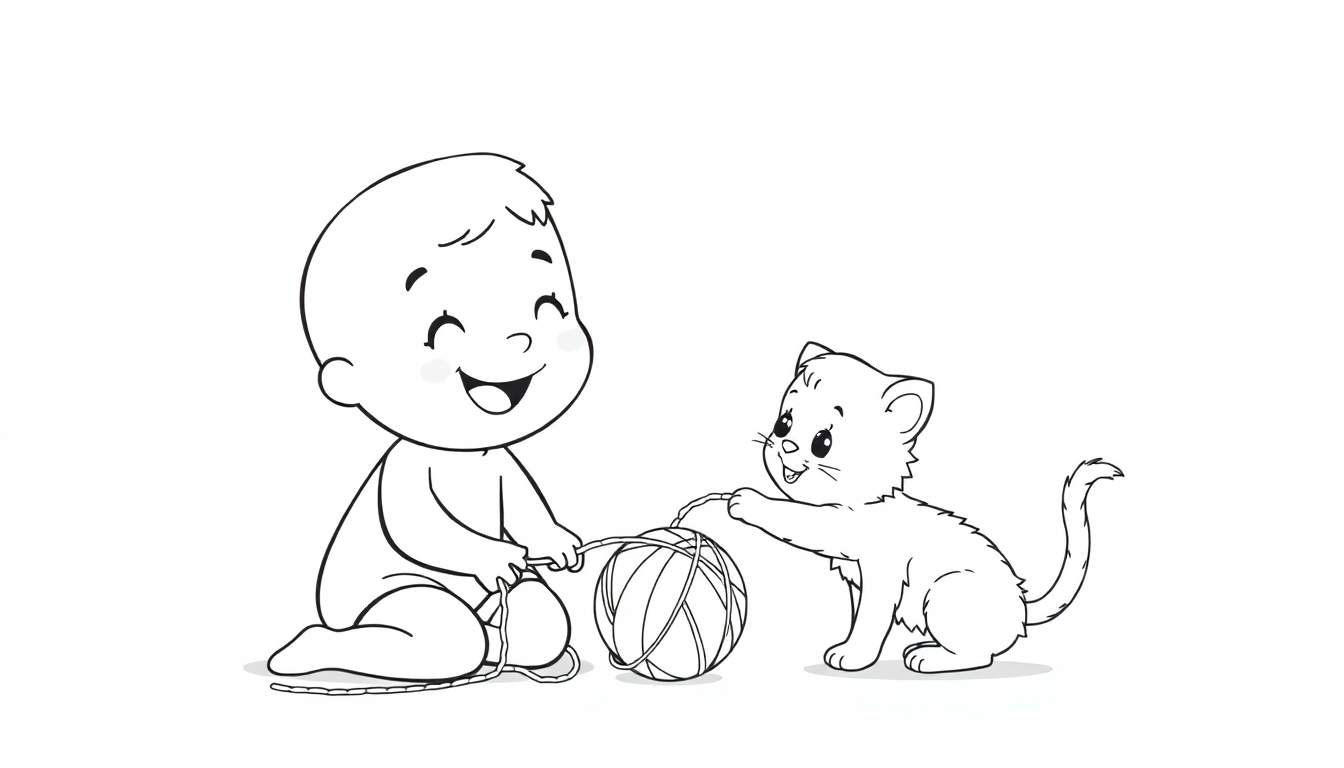 Un personaje de Toca Boca jugando con un gatito con un ovillo de lana, listo para colorear en esta placa de color.