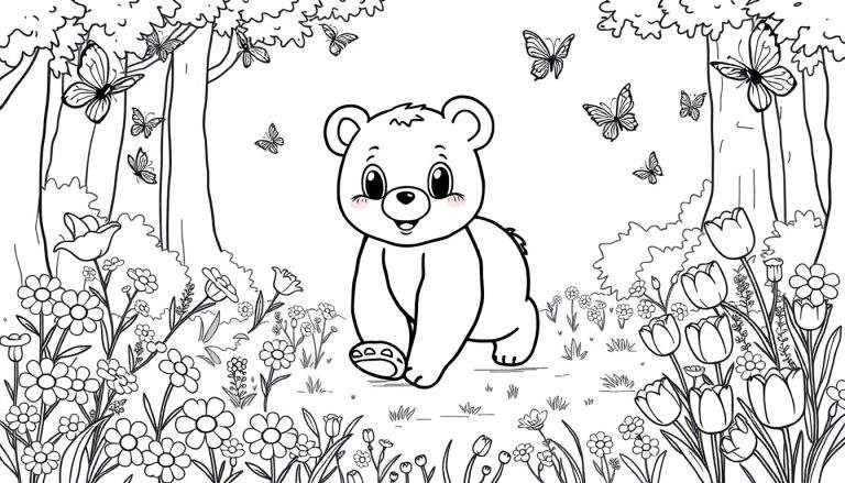 Osito de peluche de dibujos animados sonriendo en un campo de flores, página para colorear en blanco y negro con mariposas y árboles, placa de color.
