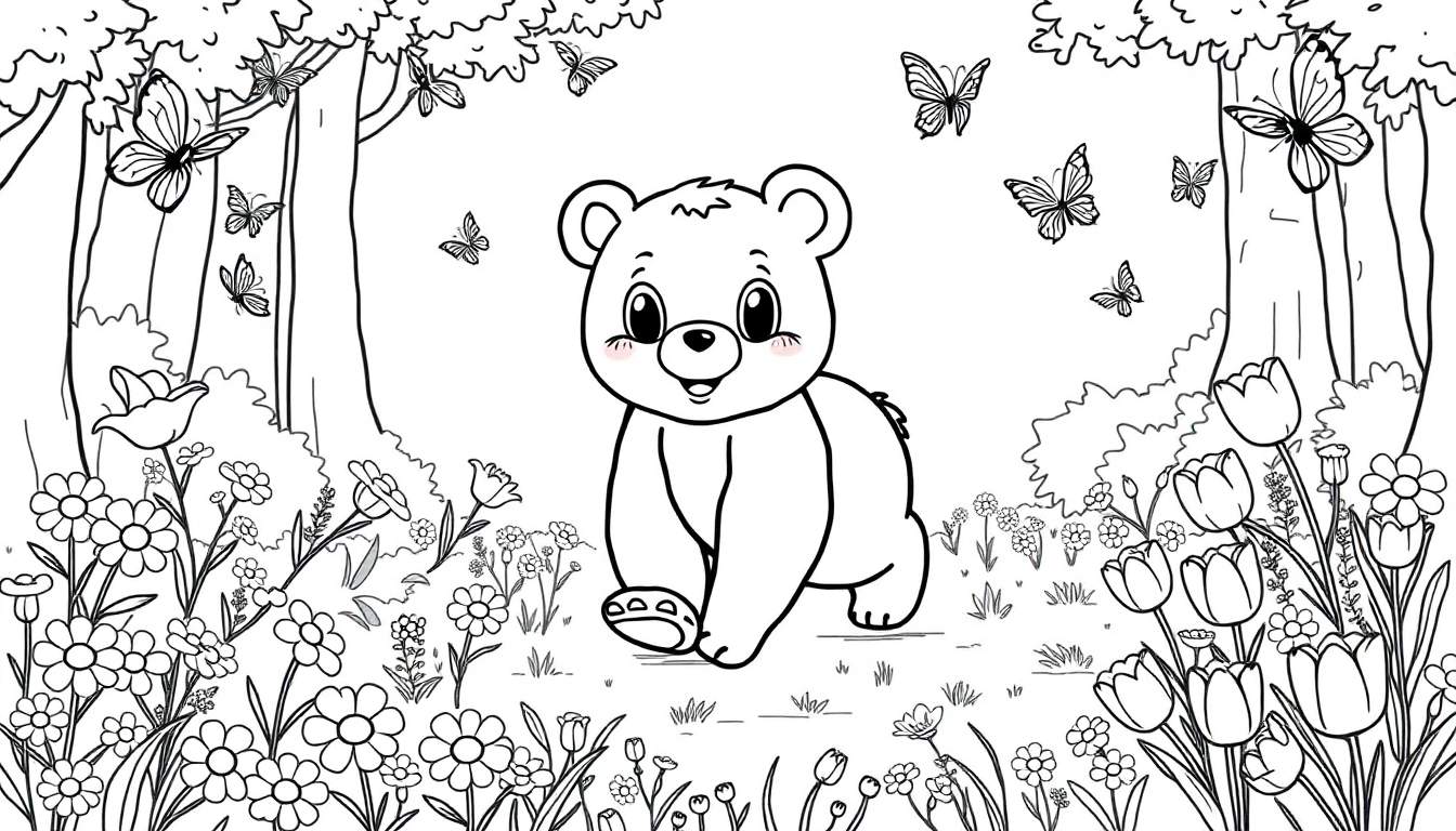 Osito de peluche de dibujos animados sonriendo en un campo de flores, página para colorear en blanco y negro con mariposas y árboles, placa de color.