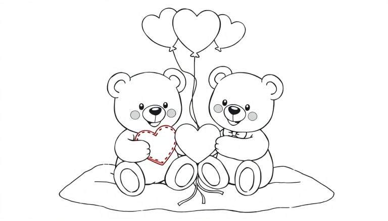 Dos ositos de peluche con globos en forma de corazón en una página para colorear de la placa de color.