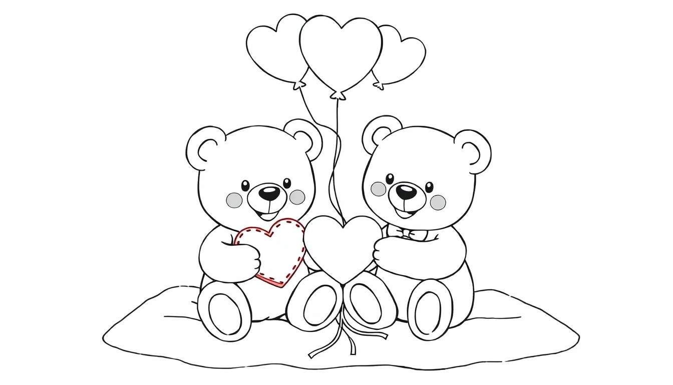 Dos ositos de peluche con globos en forma de corazón en una página para colorear de la placa de color.