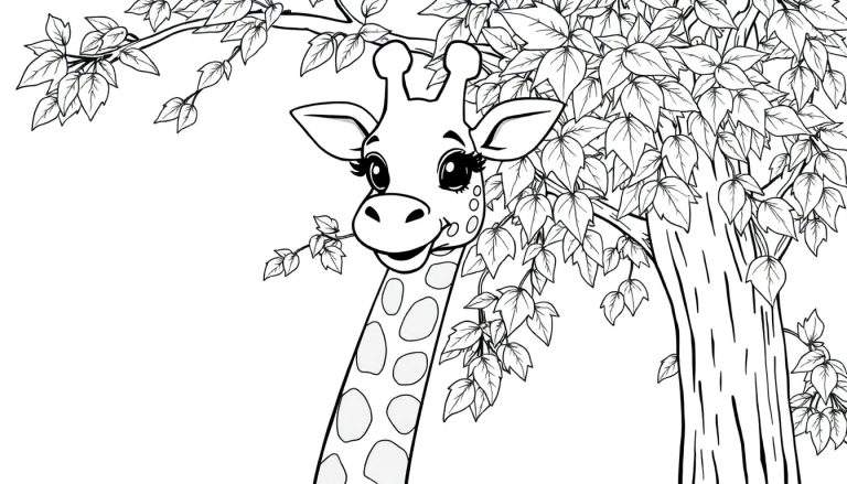 Placa de color de una jirafa amigable comiendo hojas de un árbol.