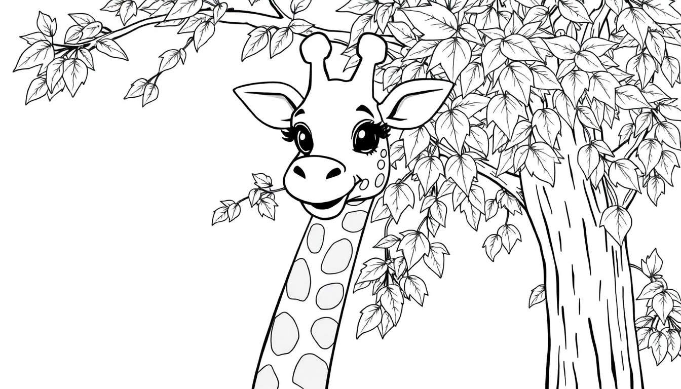 Placa de color de una jirafa amigable comiendo hojas de un árbol.