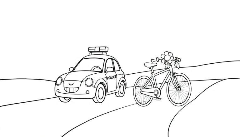Un coche de policía sonriente y una bicicleta florida en un camino de colinas monocromático, como página para colorear con placa de color.