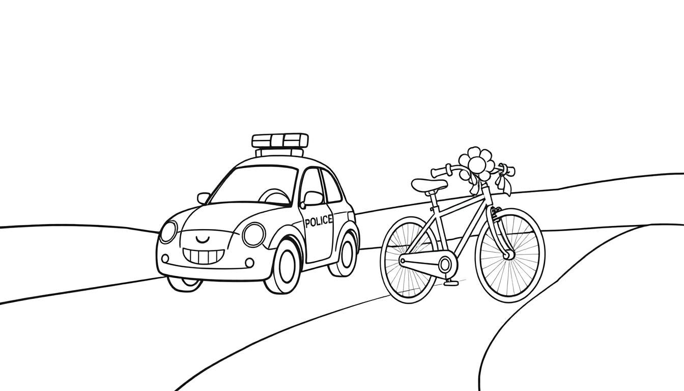 Un coche de policía sonriente y una bicicleta florida en un camino de colinas monocromático, como página para colorear con placa de color.