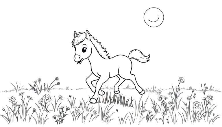 Un lindo potrillo corriendo en un prado verde lleno de flores, listo para colorear en blanco y negro, con un sol sonriente. Placa de color.