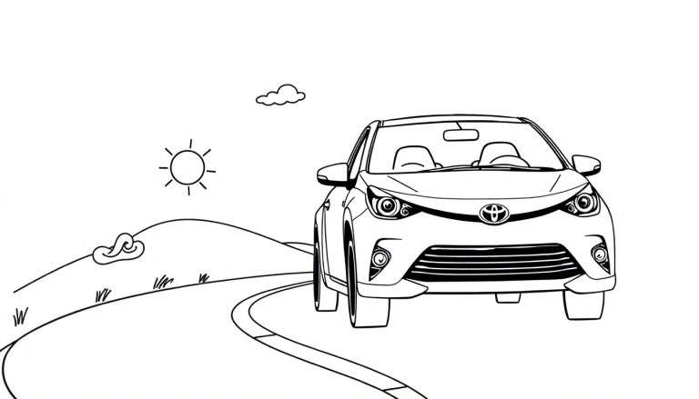 Coche Toyota negro y blanco listo para colorear con la placa de color, sobre una carretera bajo un sol brillante y una nube.