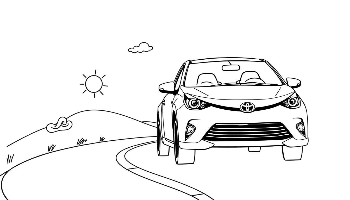 Coche Toyota negro y blanco listo para colorear con la placa de color, sobre una carretera bajo un sol brillante y una nube.