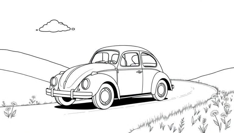 Un escarabajo Volkswagen antiguo blanco y negro para colorear en una carretera sinuosa.