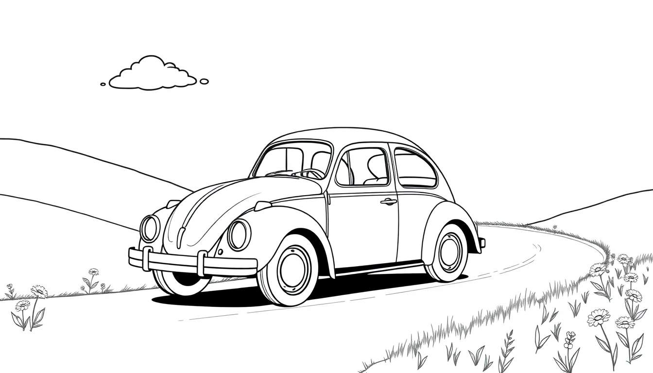 Un escarabajo Volkswagen antiguo blanco y negro para colorear en una carretera sinuosa.