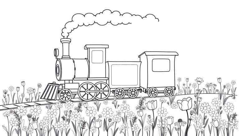 Una placa de color de un tren de vapor amigable con humo que viaja por un campo de flores.