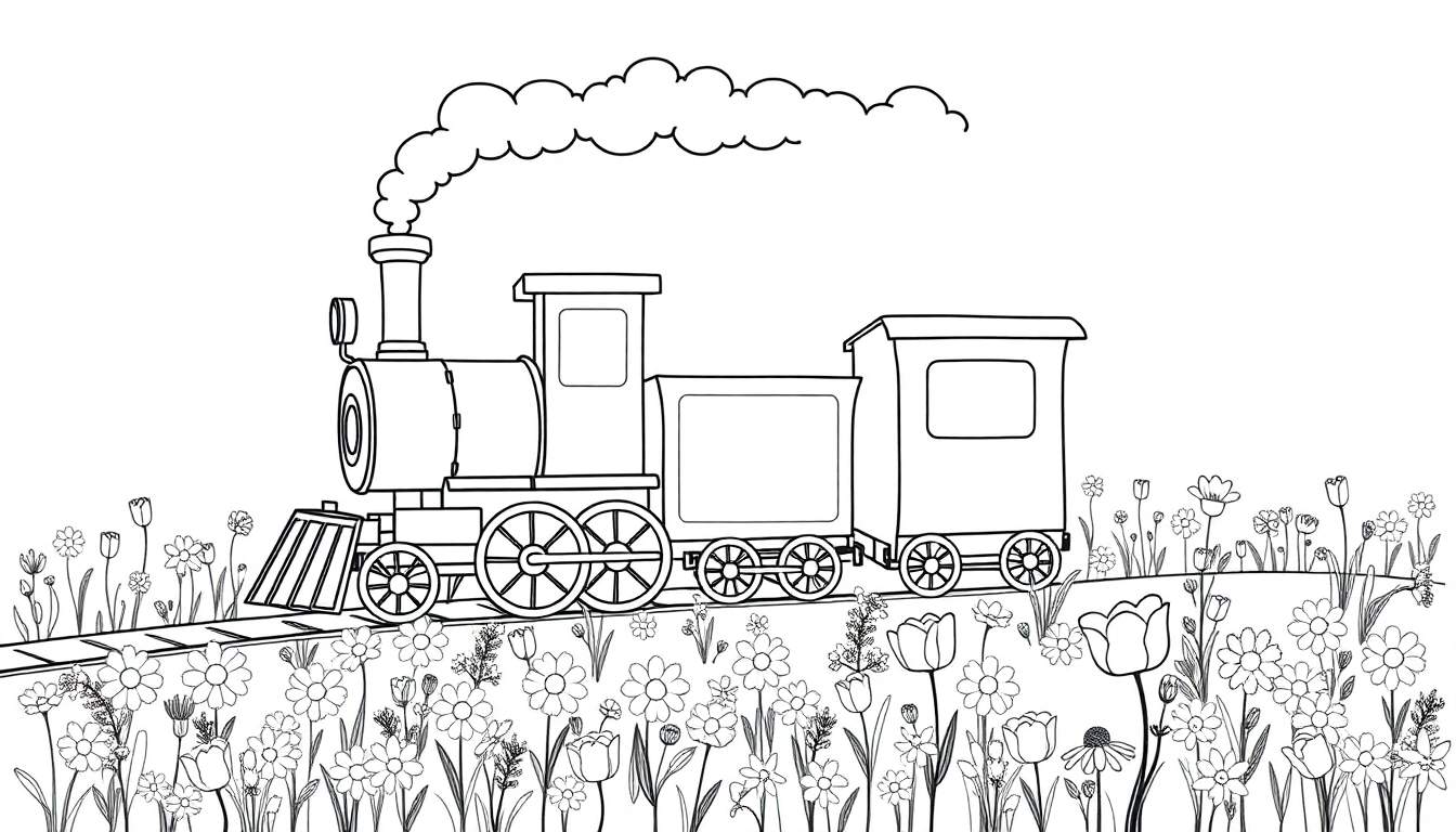Una placa de color de un tren de vapor amigable con humo que viaja por un campo de flores.