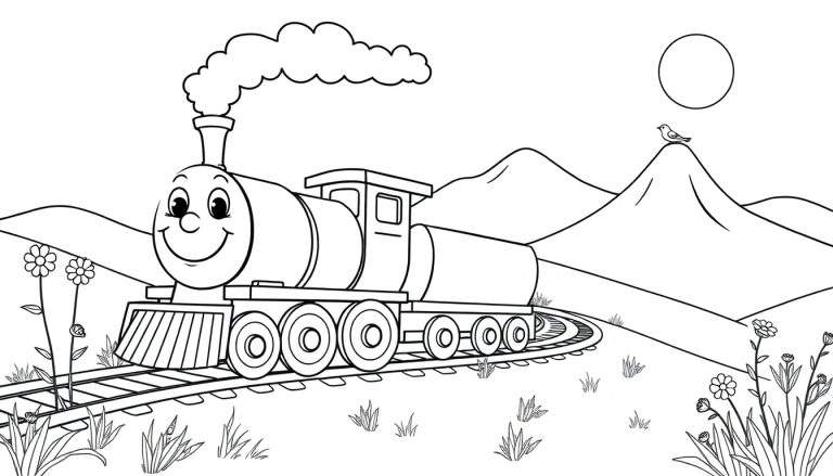 Un tren de vapor amigable de dibujo lineal para colorear, con vapor saliendo, viajando por un paisaje montañoso con un pájaro en una montaña, una luna y flores en primer plano. Placa de color.