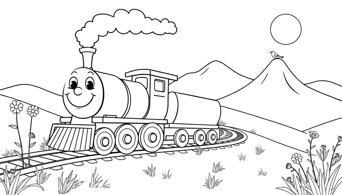 Un tren de vapor amigable de dibujo lineal para colorear, con vapor saliendo, viajando por un paisaje montañoso con un pájaro en una montaña, una luna y flores en primer plano. Placa de color.