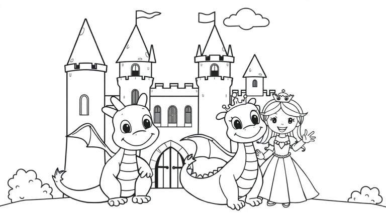 Página para colorear de un castillo de cuento de hadas con dragones amigables y una princesa saludando. Placa de color.