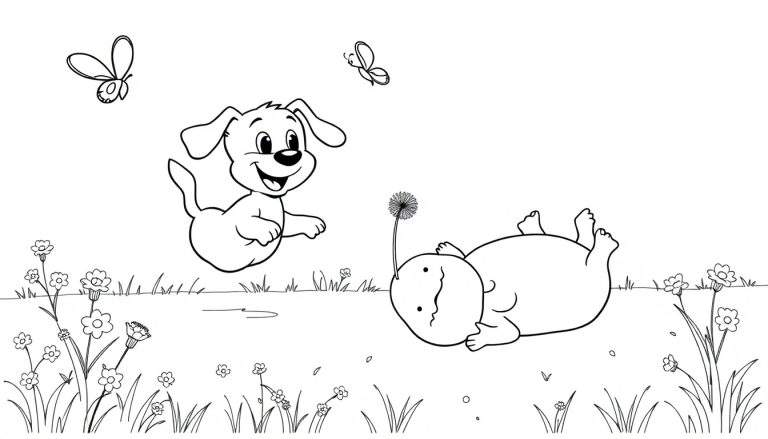 Cachorro feliz persiguiendo mariposas junto a un bebé con un diente de león, todo en una placa de color para colorear.