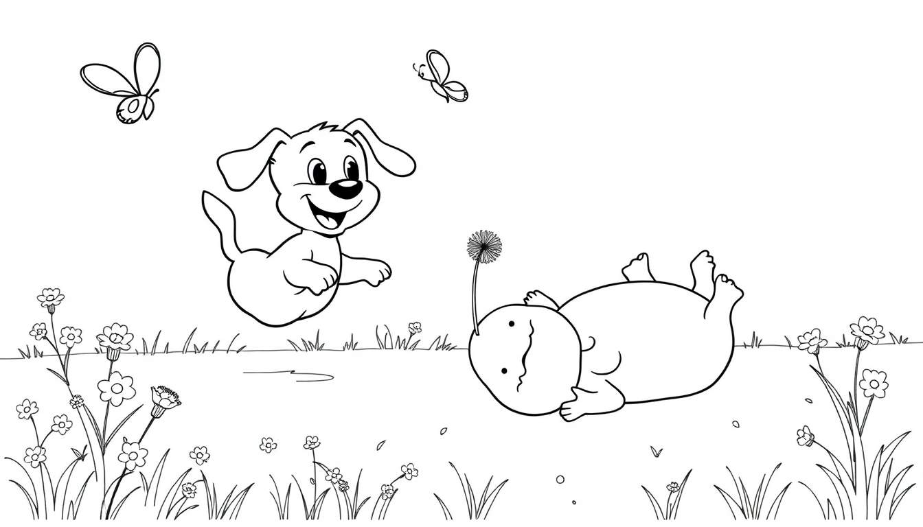 Cachorro feliz persiguiendo mariposas junto a un bebé con un diente de león, todo en una placa de color para colorear.
