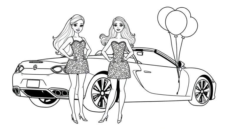 Dos niñas con vestidos bonitos y un coche descapotable, página para colorear de la placa de color.