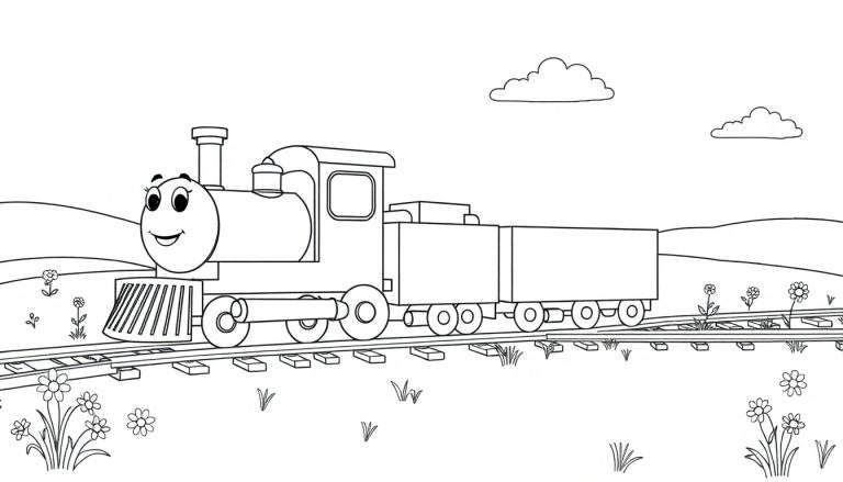 Un tren de vapor sonriente en una placa de color, listo para pintar, con vagones y un paisaje de campo.