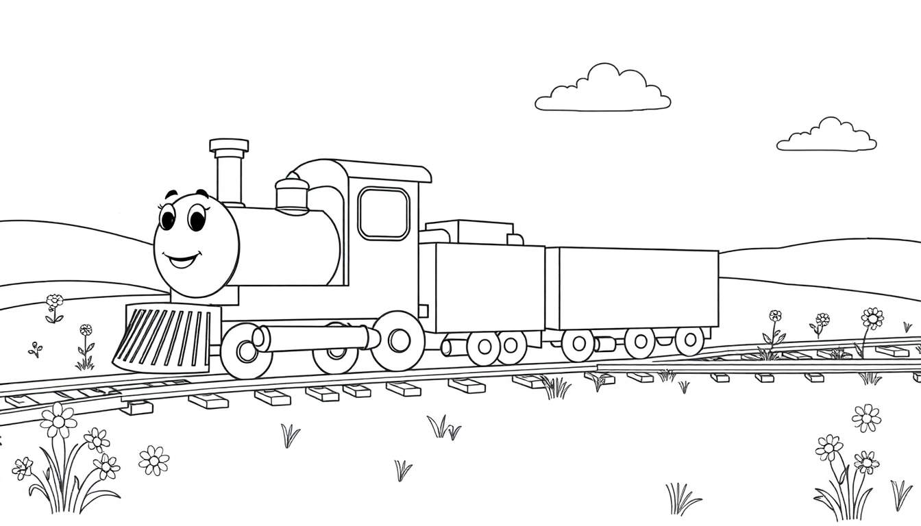 Un tren de vapor sonriente en una placa de color, listo para pintar, con vagones y un paisaje de campo.