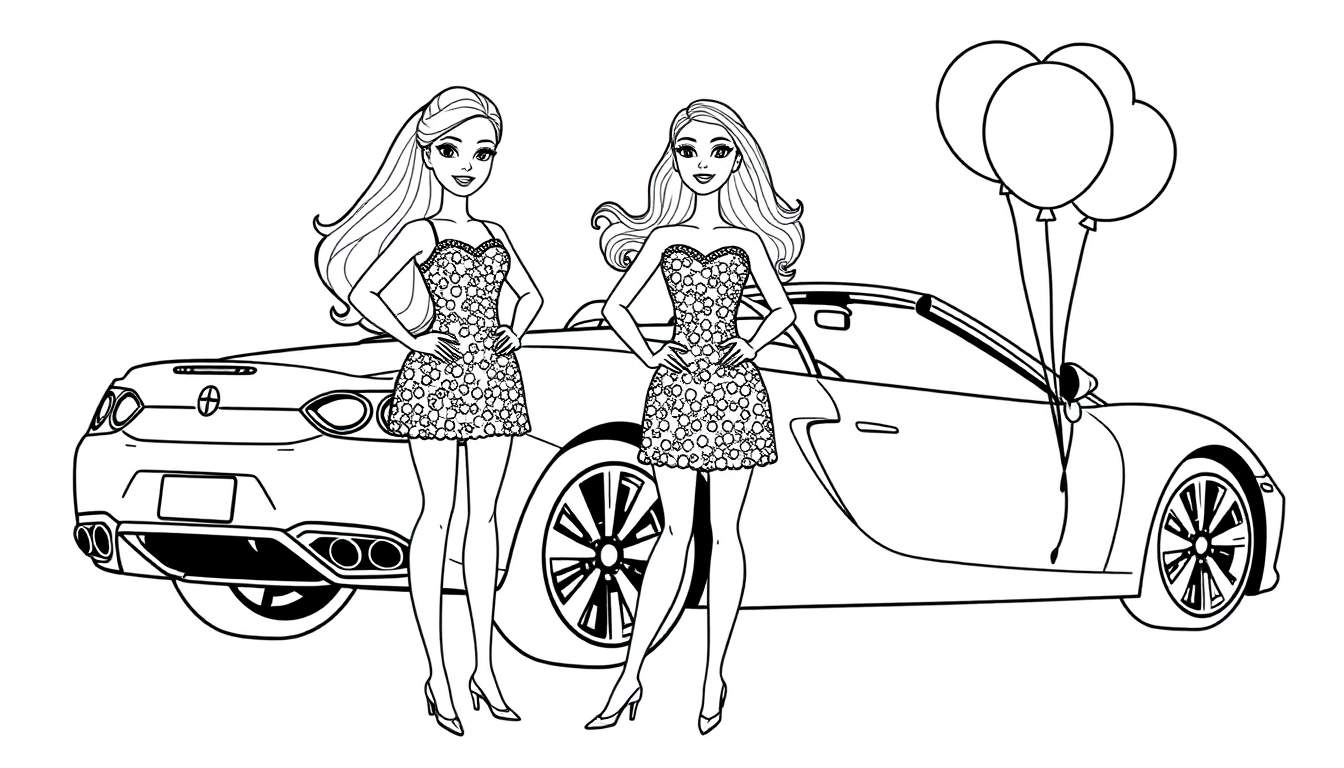 Dos niñas con vestidos bonitos y un coche descapotable, página para colorear de la placa de color.
