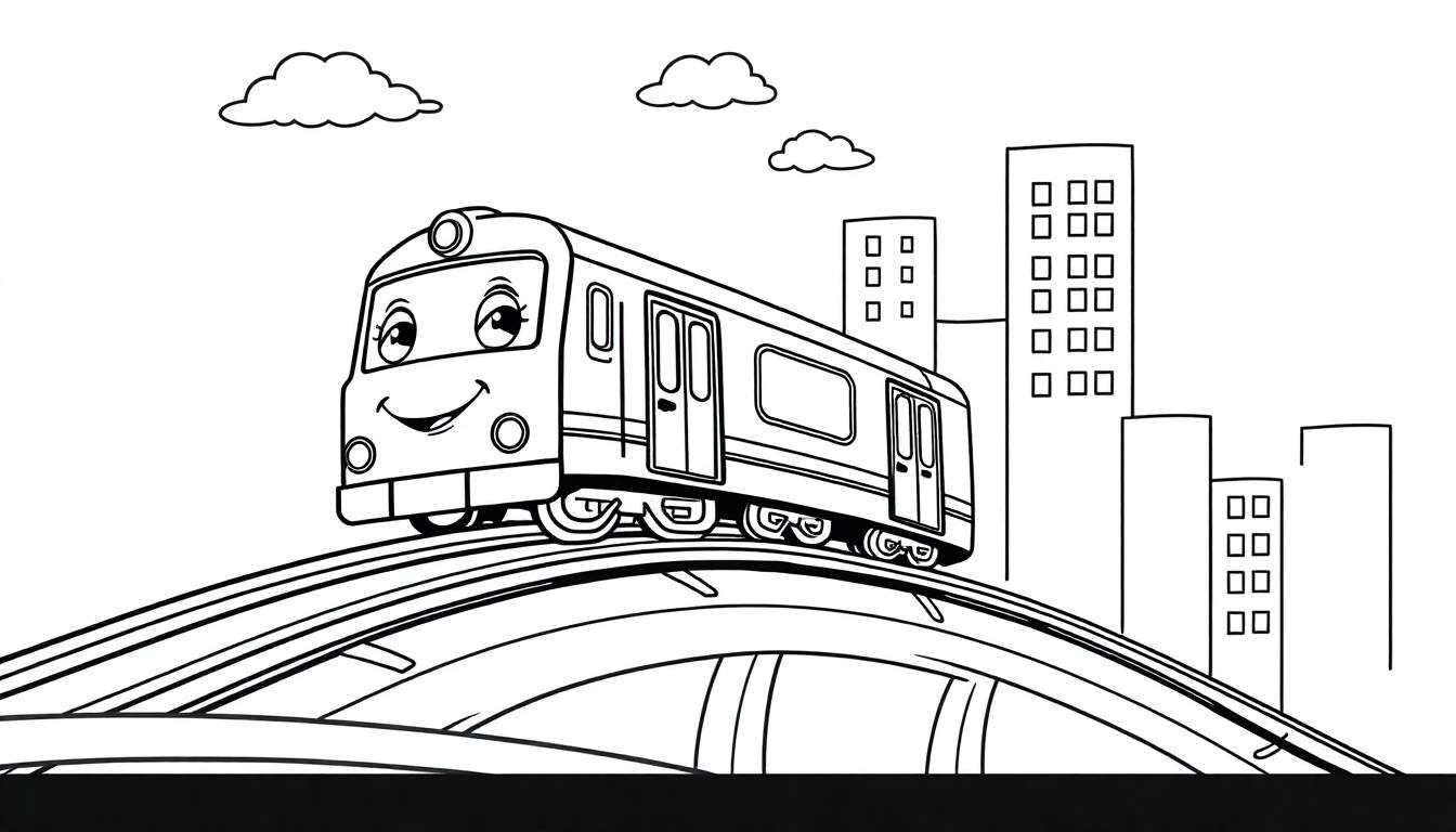 Tren de metro sonriente en una placa de color para colorear