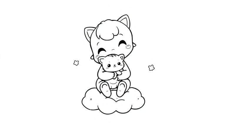 Página para colorear de un bebé con orejas de gato en una nube con un osito de peluche, estilo de dibujos animados en blanco y negro.