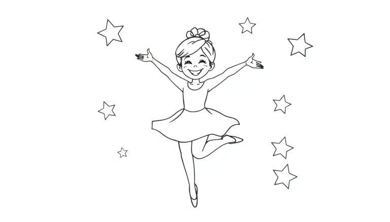 Placa de color de Bella la bailarina con falda corta, brazos extendidos y rodeada de estrellas danzantes.
